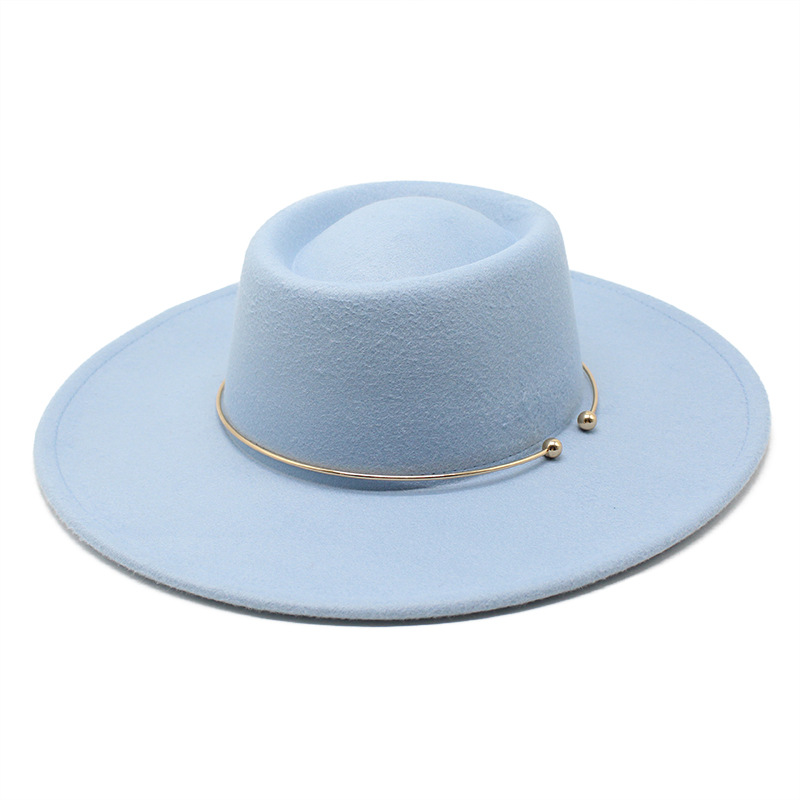 Fedora – chapeau feutré De Jazz pour femmes et hommes, à large bord De 9.5CM, avec chaîne en or, automne hiver, robe formelle: BLEU CIEL
