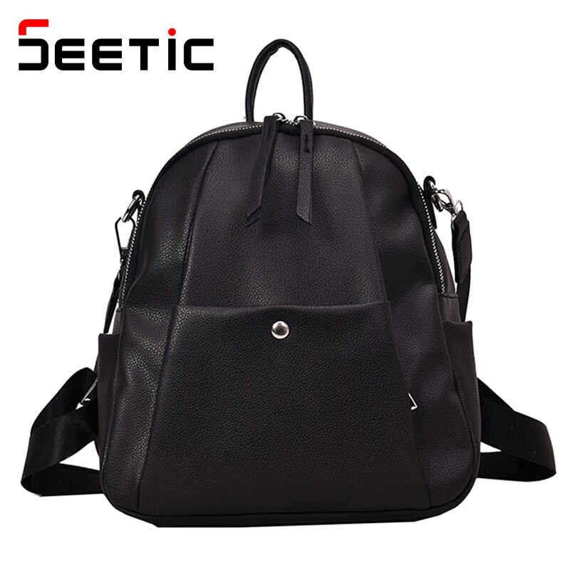 Seetiec Vrouwen Pu Lederen Rugzak Reizen Schoudertas Vrouwen Multifunctionele Rugzak Vrouwelijke Casual Dames Rugzak: Black Backpack