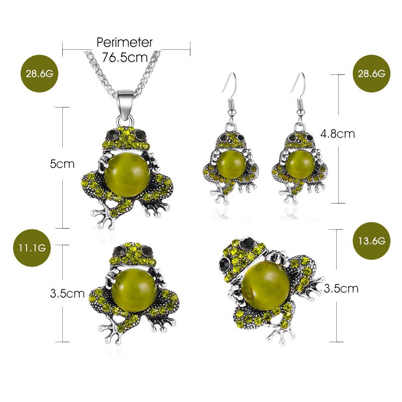 Novo bonito opala cristal strass sapo balançar brincos anel elástico pingente colar animal broche conjunto de jóias do vintage