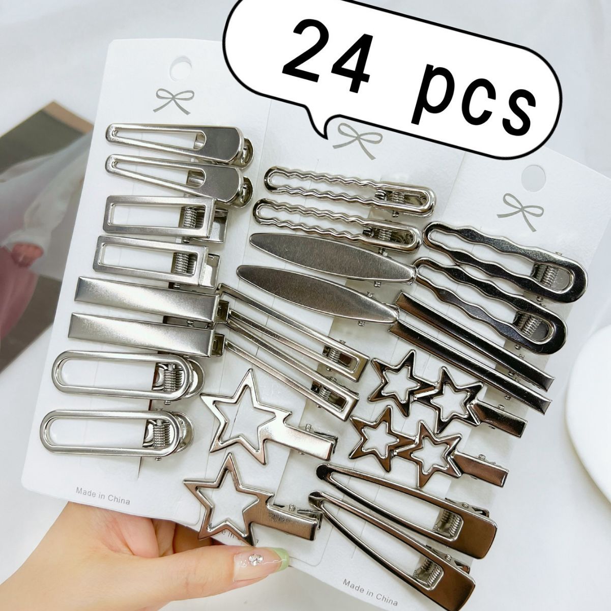 24 unids/set Y2K horquillas de Metal plateado para mujeres niñas Clip de pelo de estrella múltiples estilos Clip de pico de pato sin costuras accesorios para el cabello para niñas: Default Title