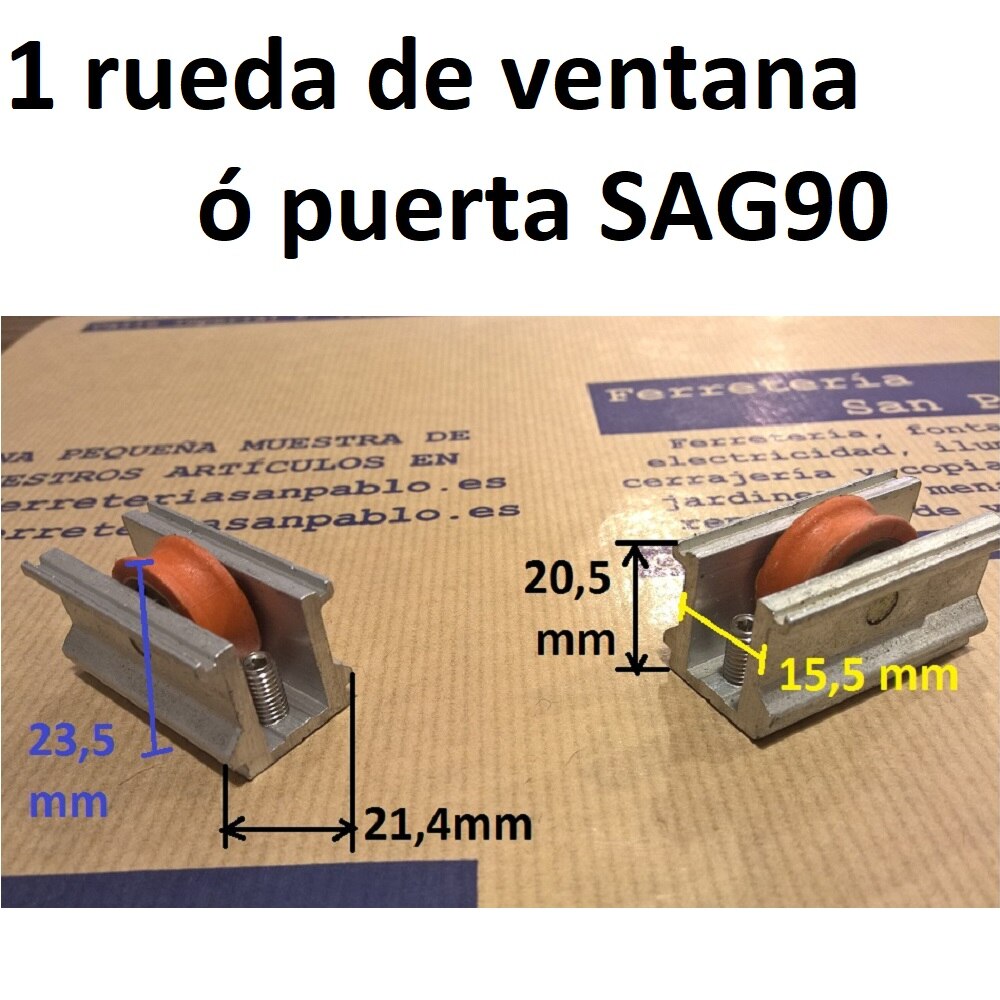 1 Rueda de ventana ó puerta con su carcasa SAG90. Anchura de carcasa 21,4 mm. Recambio para ventanas aluminio climalit antiguas