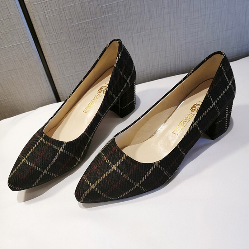Plus Size Women Dress Shoes Ol Office Lady Shoes Costume Tweed Pump Plaid Boat Shoes Pointed Toe Ladies Shoe zapatos mujer 7905N: Black / 4.5