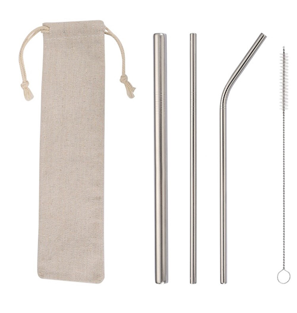 Reusable Drinks Straw Eco Friendly 304 Stainless Steel Metal Straws with Clean Brush Coffee Drinking Tube Set: Silver