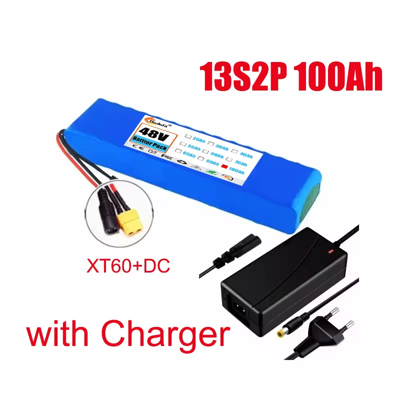 E-bike 48v Battery Pack 13S2P 1000w 100Ah 18650 Lithium Ion Battery Bike Motorcycle Conversion Kit Electric Scooter BMS +Charger: green