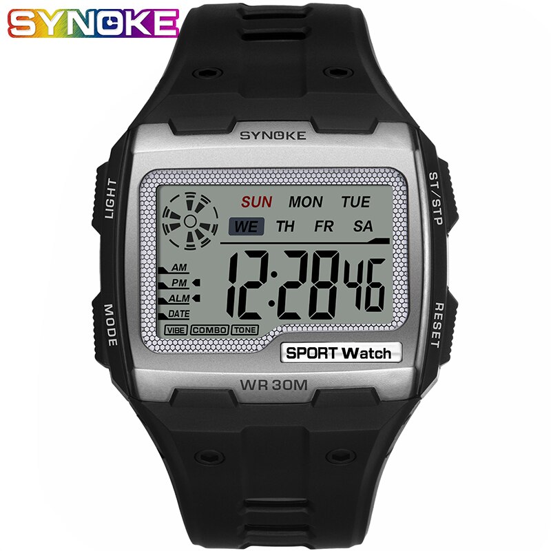 Synoke Mode Mannen Vierkante Digitale Horloge Lichtgevende Buitensporten Waterdicht Man Horloge Led Display Multifunctionele Horloge: silver