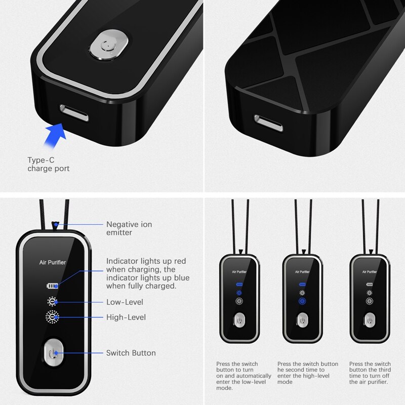 120 milioni di ioni negativi indossabili personali mini portatile 800MAH batteria collana auto appeso collo purificatore d'aria