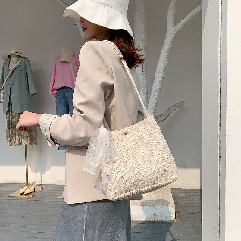 Casual laço floral rattan baldes sacos de vime tecido feminino sacos de ombro senhora bolsas praia verão palha saco grande capacidade tote
