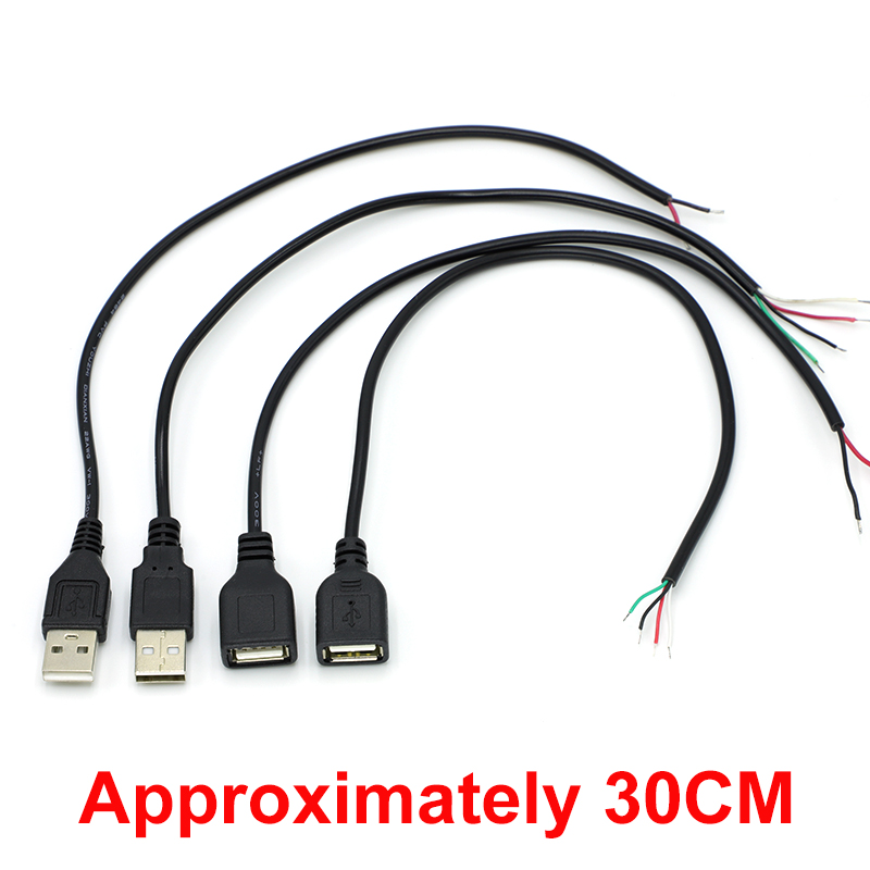 Câble d'alimentation 30cm, 2 broches USB 2.0 A femelle mâle, prise de fil à 4 broches, connecteur d'extension de cordon de chargement, ligne 5V à monter soi-même