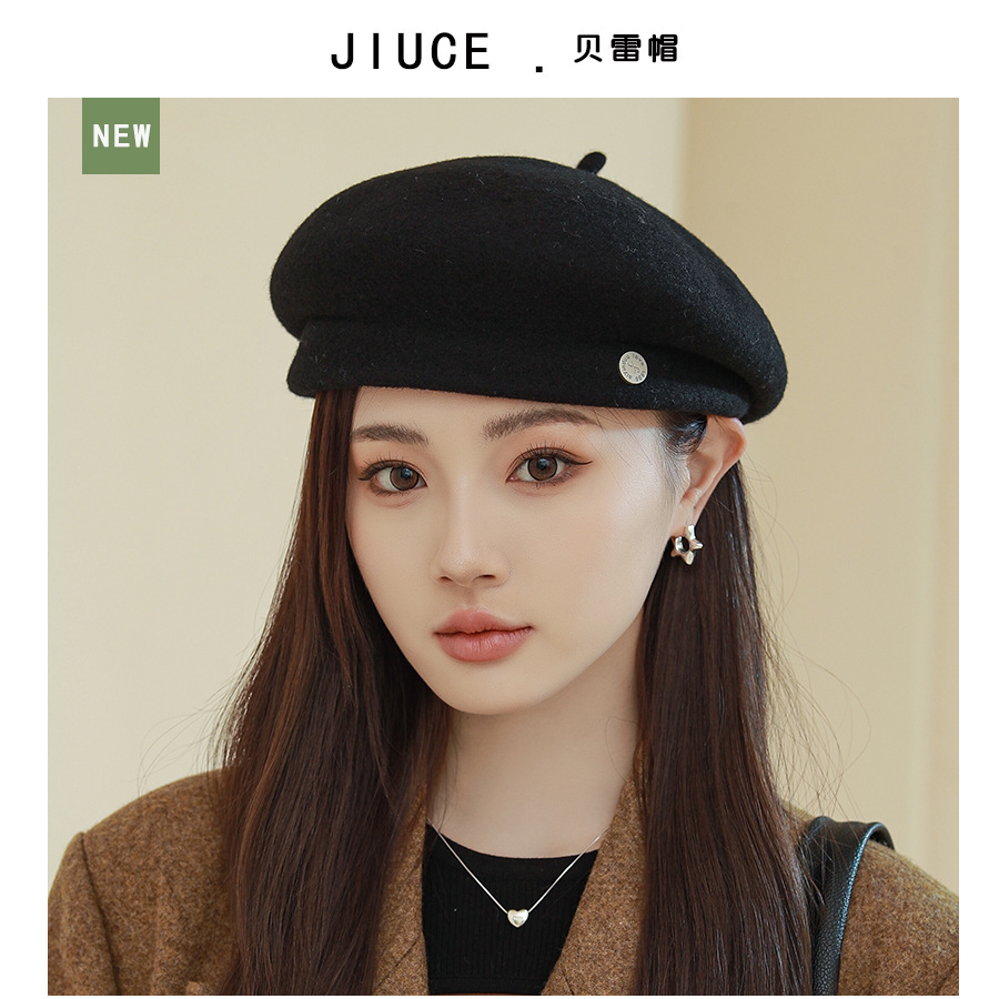 Baret Hoed Dames Herfst Winter Licht Luxe Wolmix Show Gezicht Kleine Mode Schilder Hoeden Engeland Retro Bud Cap: Black