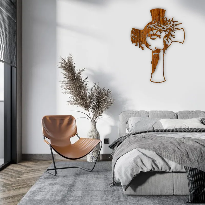 Cruz de madera, arte de pared cristiano, adornos artesanales, gancho, de agujero, tallado calado, decoración religiosa para sala de estar, 25cm