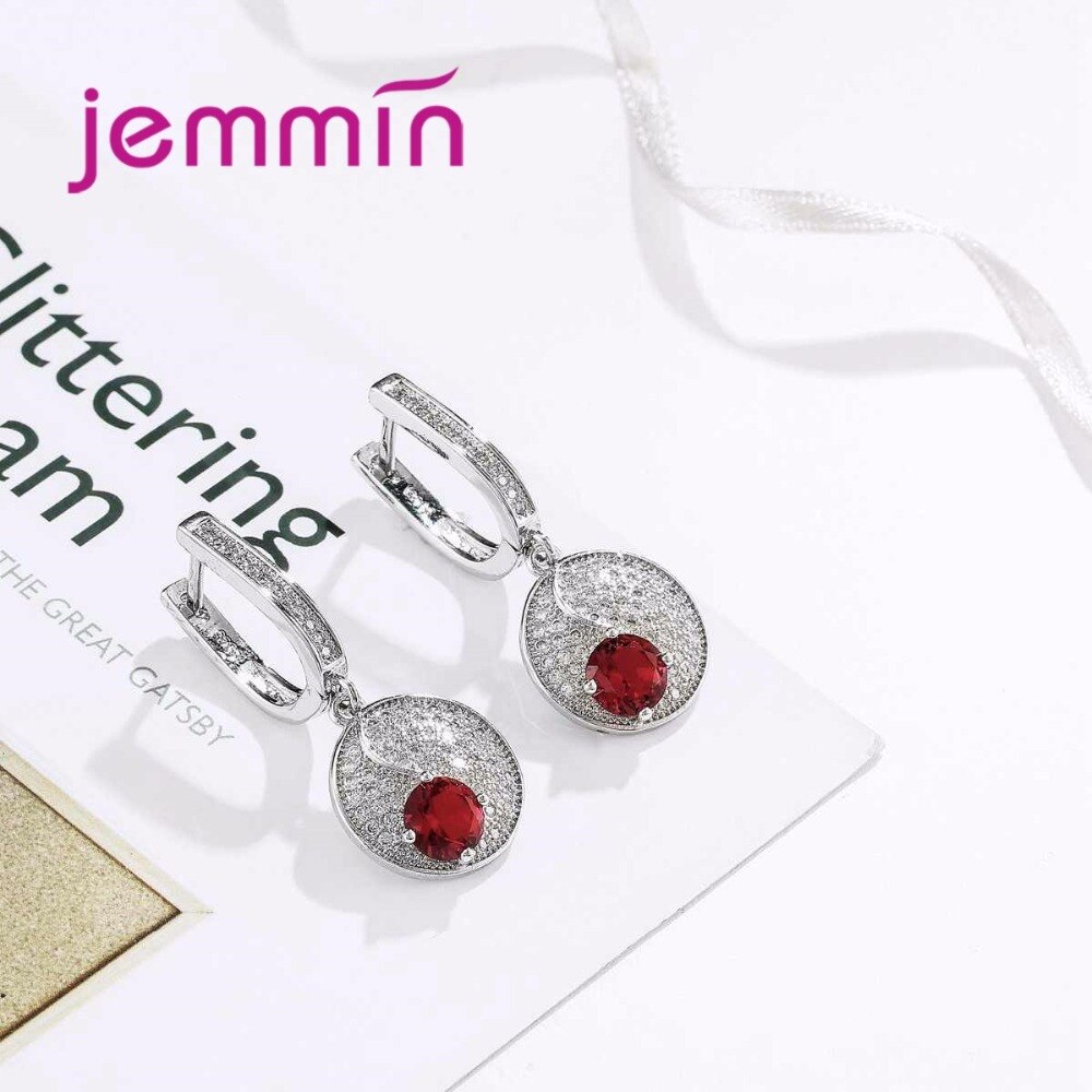 Simple Style Round 925 Sterling Silver Necklaces Earrings Jewelry Set With Fine Red Crystal For Women Lady Party