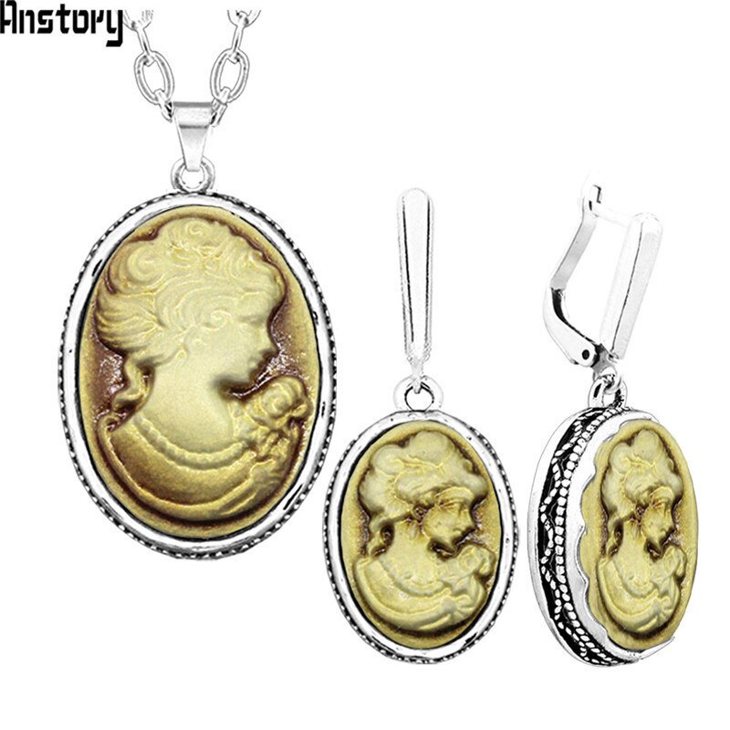 Lady Queen Cameo Jewelry Sets Vintage Necklace Earrings Jewelry Sets For Women Flower Pendant Party Sets: Brown Set