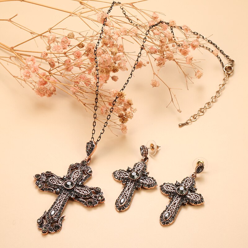 Kinel Noble Grijs Crystal Cross Ketting Earring Voor Vrouwen Vintage Sieraden Set Antieke Gouden Ketting Bijoux Religieuze