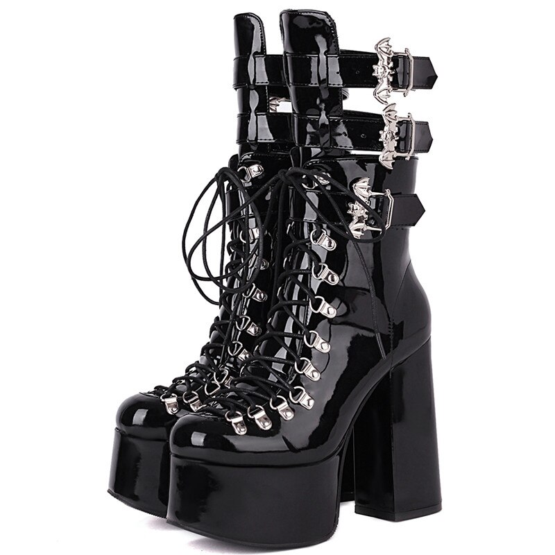 Autumn Lace-Up Motorcycle Boots For Women Round Toe Thick Platform Punk Heels Female Mid-calf Boots Demonia Gothic Shoes