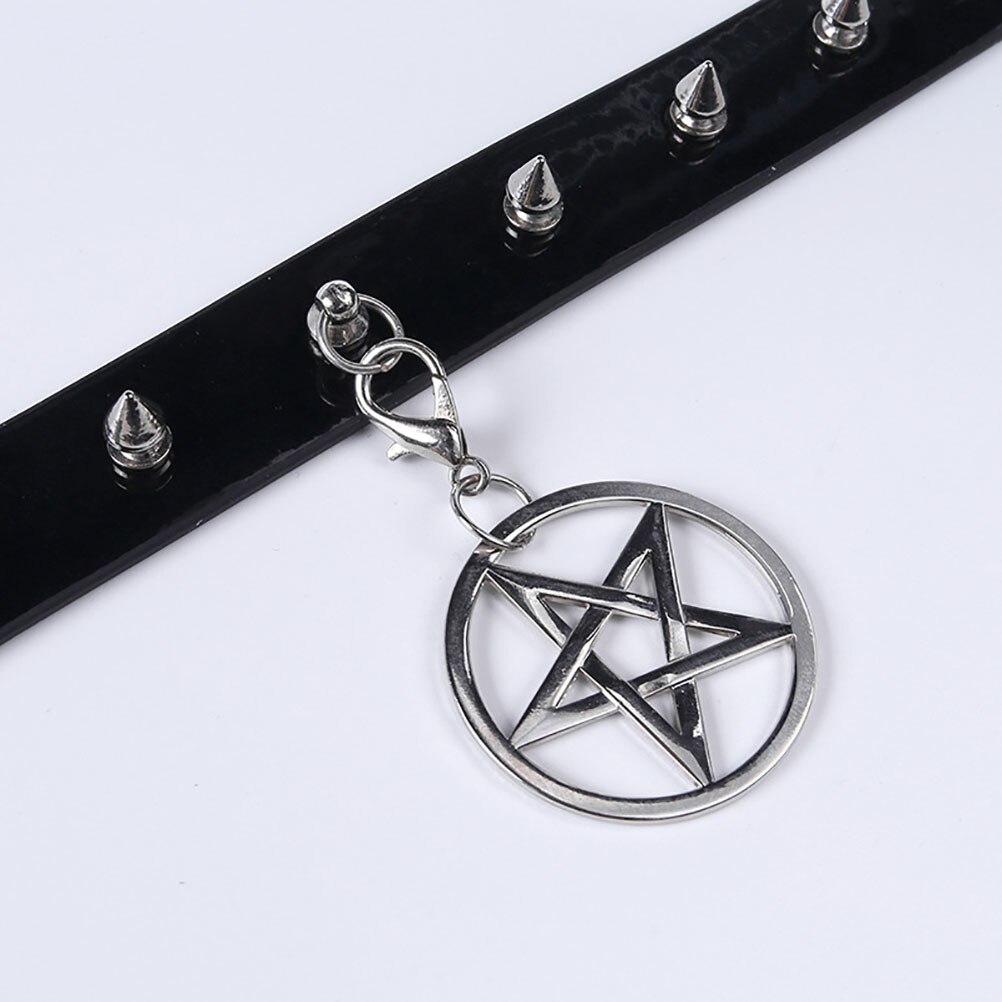 2 Pendants Gothic Choker Women Vintage Pentagram Hexagram Punk Goth Rivet Pu Leather Collar Choker Necklace