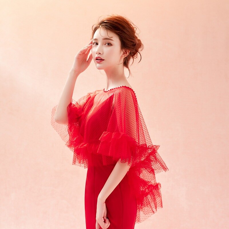 JaneVini Rode Zomer Kant Bruiloft Bolero Sjaal Kralen Vrouwen Korte Wrap Cape Uitloper Bridal Bruiloft Accessoires