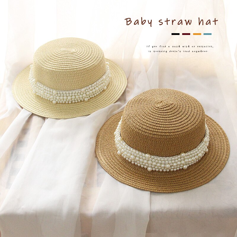 Kids Meisjes Schipper Strohoed Outdoor Brede Rand Zee Zomer Strand Platte Top Zon Caps Met Parel Decoratie Panama Stro cap