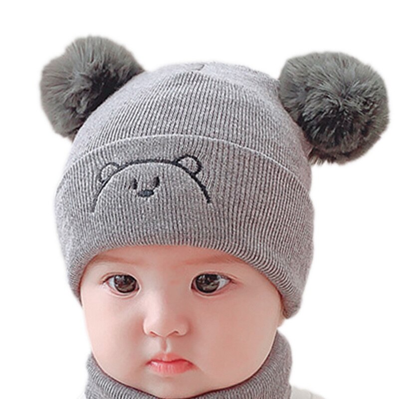 2Pcs Toddler Hat +Twitter Pompon Winter Children Hat Bonnet Enfant Knitted Cute Cap For Girls Boys 0-36 Months: 1 gray