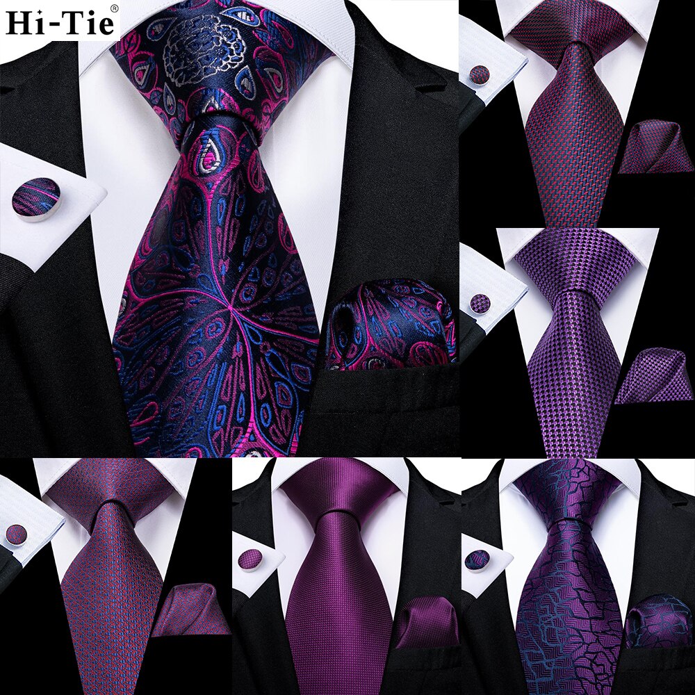 Hi-Tie Paars Solid Paisley Zijde Bruiloft Stropdas Voor Mannen Handky Manchetknoop Mannen Stropdas Set Party business