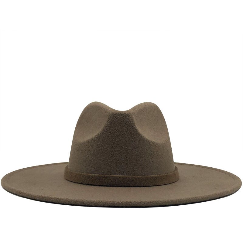 Bred randen fedora hat til kvinder ensfarvet uldfilt hat til mænd efterår vinter panama gamble grå jazz cap: Khaki