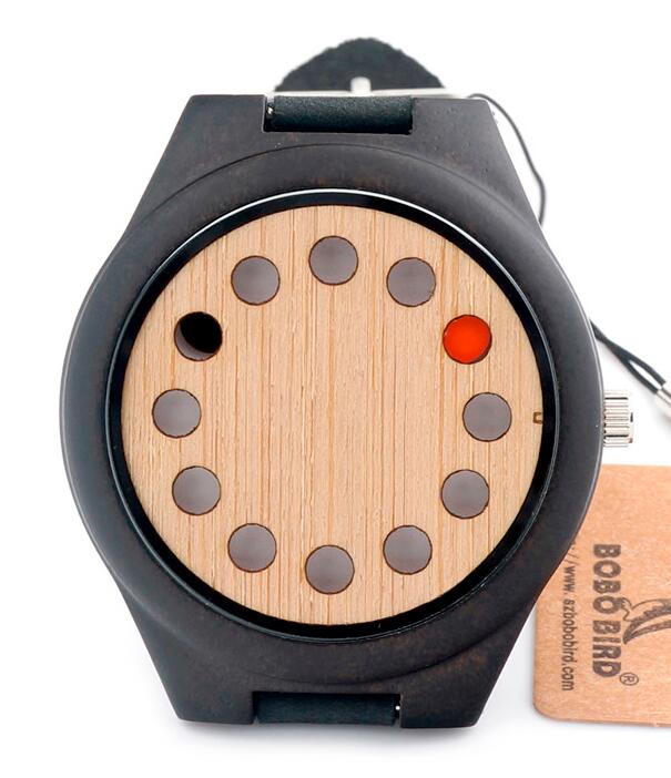 BOBO VOGEL Milieuvriendelijke Houten Horloge Heren Top Luxe Unieke Gaten Lederen Quartz Horloge met Lederen Band: Multicolor