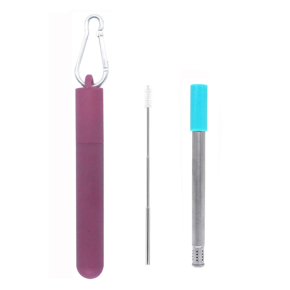 Paille à deux sections réutilisable, avec trou de filtre et brosse à paille rétractable pour le thé, etc.: Rose Red silver