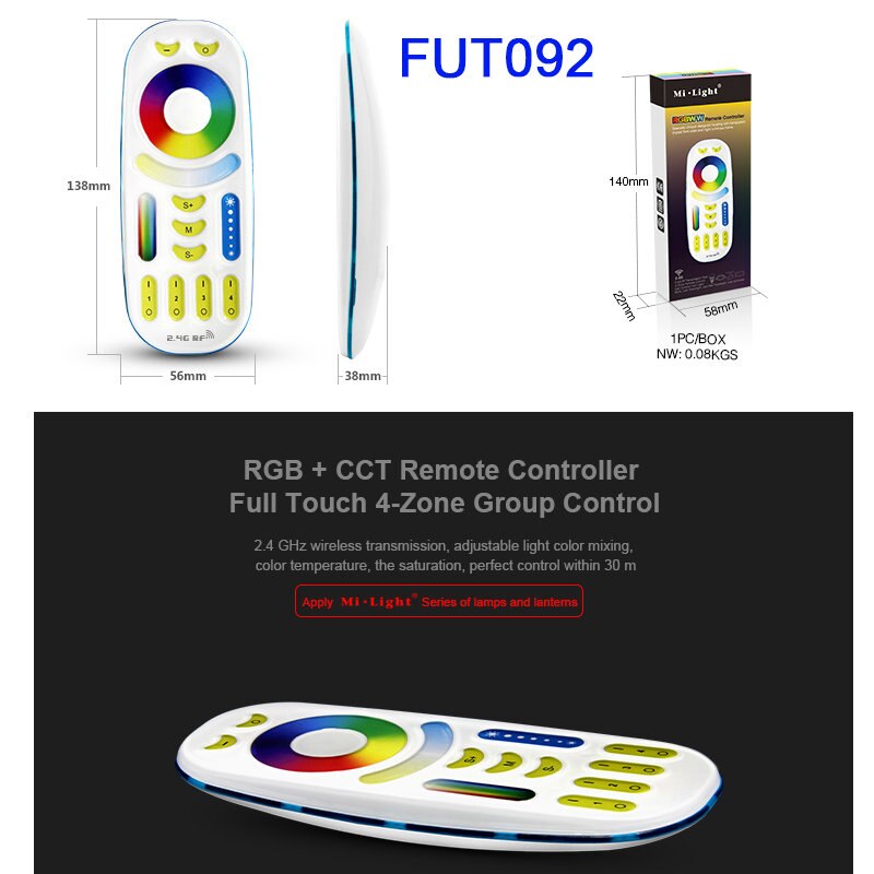 Miboxer 2.4g 4 sone 8 sone trådløs fjernkontroll rf rgbww rgb cct led pære led downlight bryter led strip panel lyskontroller: Fut 092