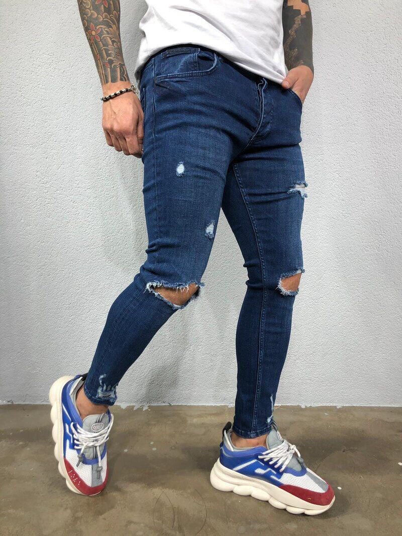 Homme déchiré crayon Pantalon Slim Denim couleur Pure motard jean détruit trou Hip Hop Slim homme rayé jean Hombre Pantalon: Blue / L
