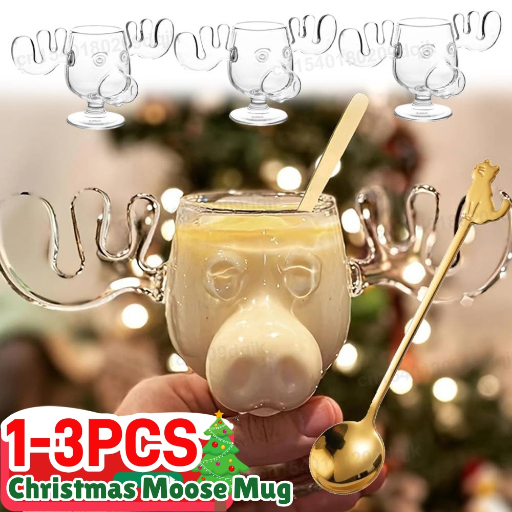 1-3PCS 240ml 8oz Christmas Vacation Moose Mug Christmas Reindeer Head Elk Glass Wine Beer Water Juice Milk Glass