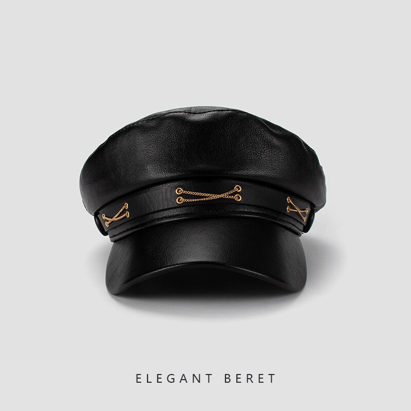 Black women&#39;s octagonal hat British retro pu leather leather hat beret
