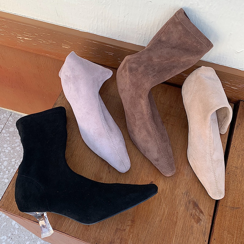 Vintertrending kvinnor plexiglas klackar mocka stövlar spetsiga tå lila sock boots aprikos mid-calf boots dam valentine skor