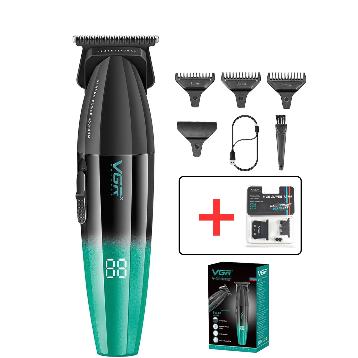 Vgr 003 906 profissional fade máquina de cortar cabelo sem fio aparadores para homens conjunto carga usb display led kit corte cabelo: Bege