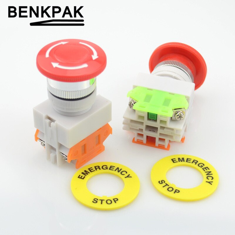 Interruptor de botón de parada de emergencia, bloqueo pulsador NO + NC, reinicio de giro, seta
