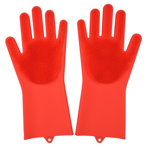 1 par opvask handsker silikone opvask handsker køkken silikone rengøring husholdningsværktøj til ren bil kæledyr børste handske: Rød