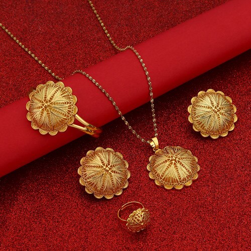 Ethiopische Eritrean Cross Bloem Vrouwen Sieraden Sets Afrikaanse Bridal Romantische Wedding Party Sieraden: Goud-kleur