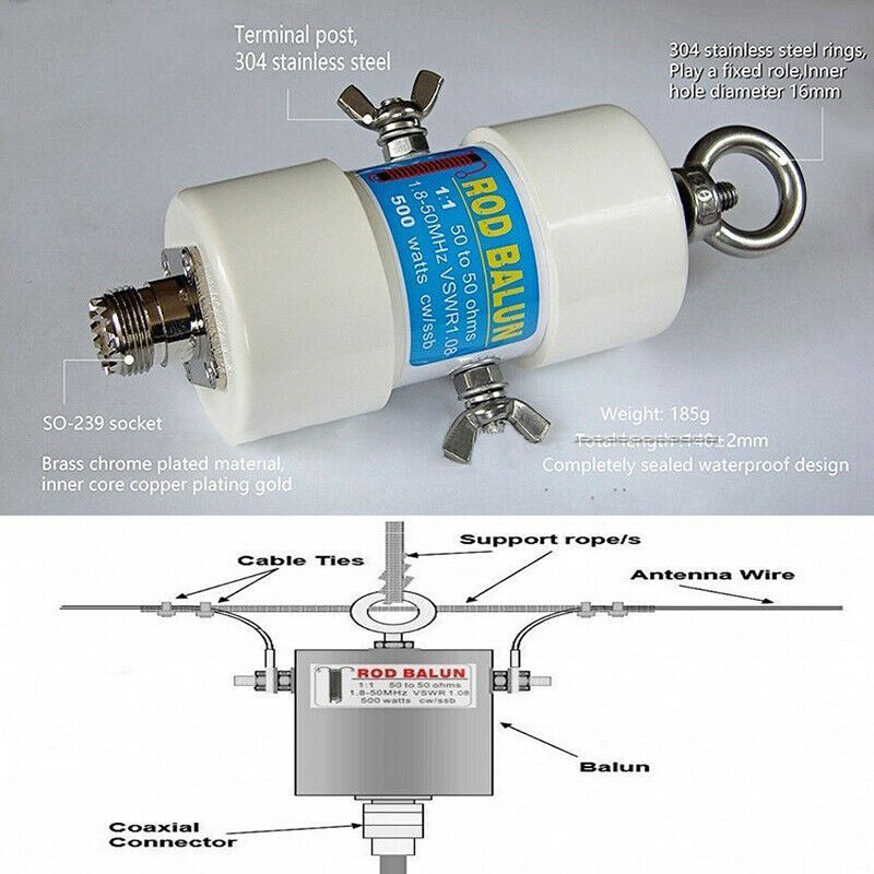 Balun HF étanche 500W 1:1, pour bandes 160m - 6m (1.8-50MHz), antenne V inversée à monter soi-même