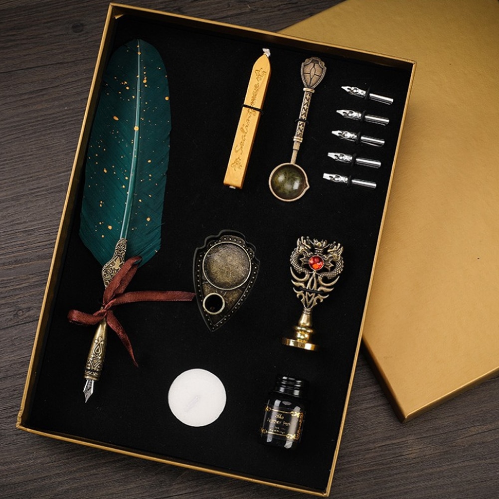 Luxe Vulpen Set Vintage Beregening Gouden Veer Pen Inkt Fles Kalligrafie Schrijven Kroontjespen Doos 5 Nib quill