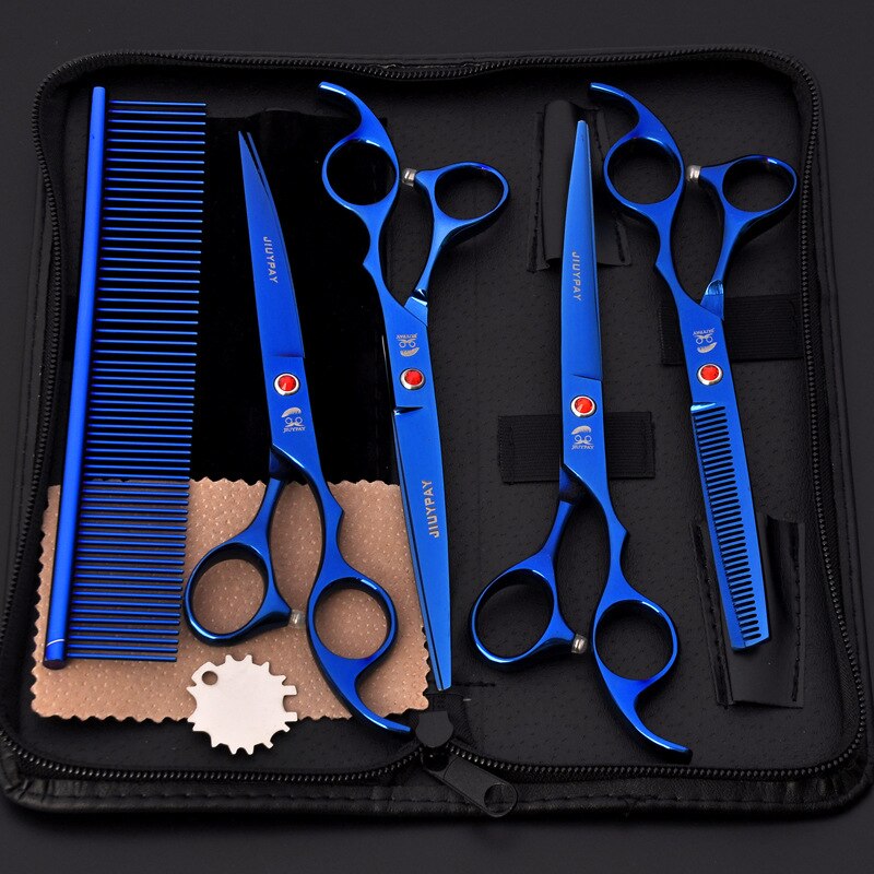 5Pcs Rvs Honden Grooming Schaar Kat Haar Dunner Shear Scherpe Rand Schaar Voor Honden Dier Kapper Snijden tool: Blauw