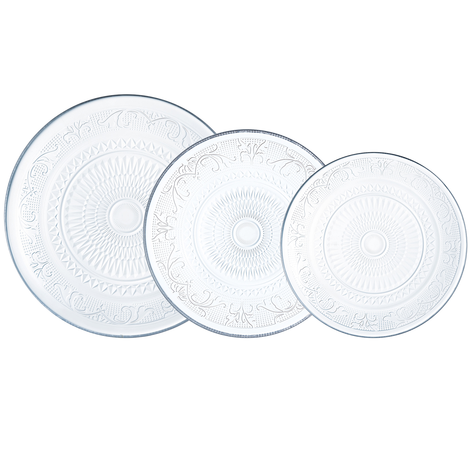 LUMINARC SIXTINE Vajilla 18 Piezas Vidrio Transparente 6 Platos Llanos 6 Hondos 6 Postre Apilable Lavavajillas Microondas Decorado Relieve Inspiración Clásica Vintage