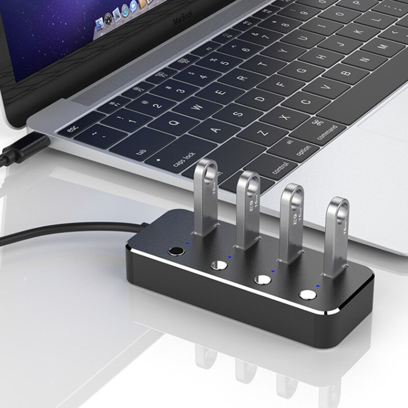 LED Indicators Home Aluminum Alloy 4-Port Power Supply Extender Portable Switches PC USB Hub Laptop Notebook High Speed Splitter