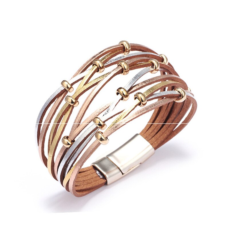 Feminino mão acessórios 10 multi camada vento pulseira de couro ampla envoltório pulseira femme ímã fivela jóias presente 2020