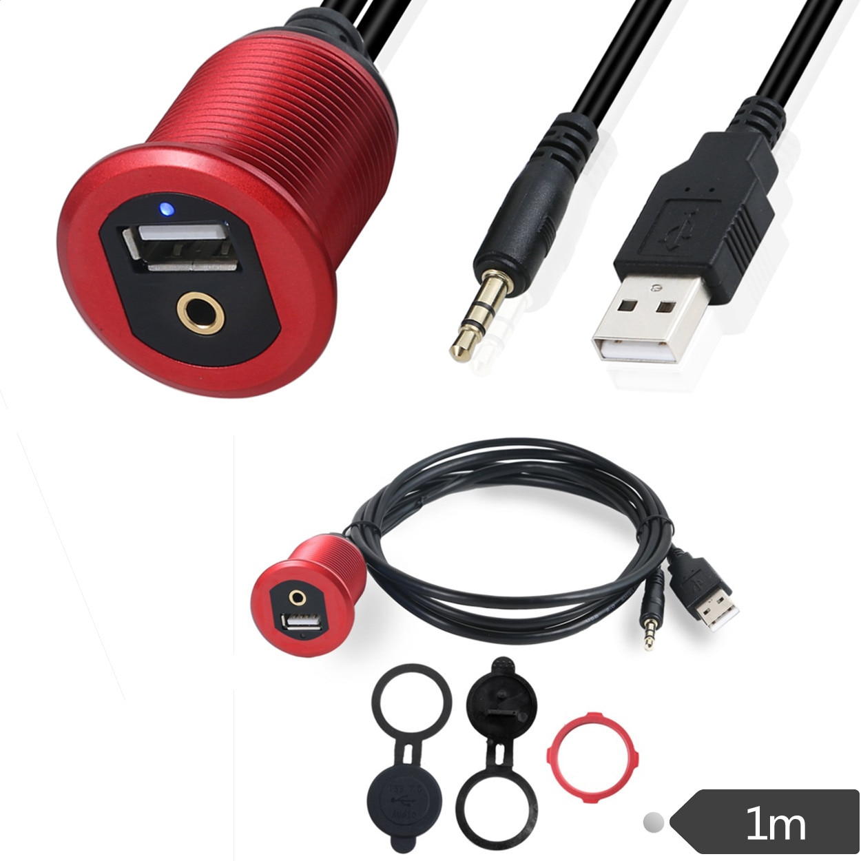 Led lys usb & 3.5mm aux forlenger innfelt kabel , 1/8 aux bil sykkel båt motersykkel ledning 1m/3ft/100cm