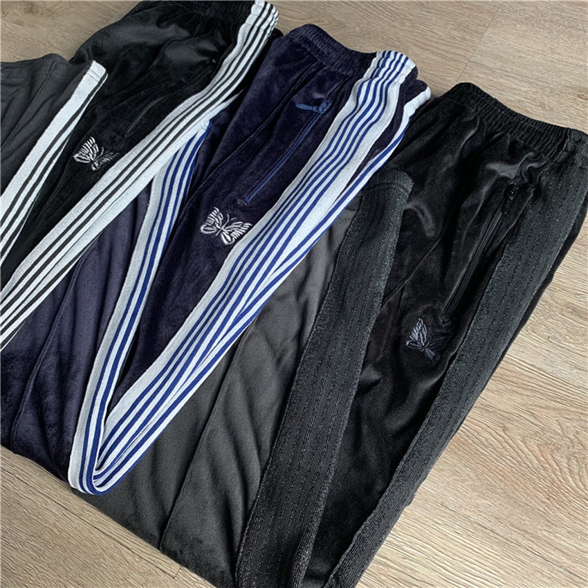 AWGE Needles Pants Men Women Streetwear Striped Needles Sweatpants Butterfly Embroidery Joggers AWGE Trousers Inside Tag