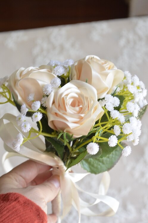 bridesmaid bouquet real rose flowers wedding bouquet hand made rose with white baby breath artificial flower wedding bouquet
