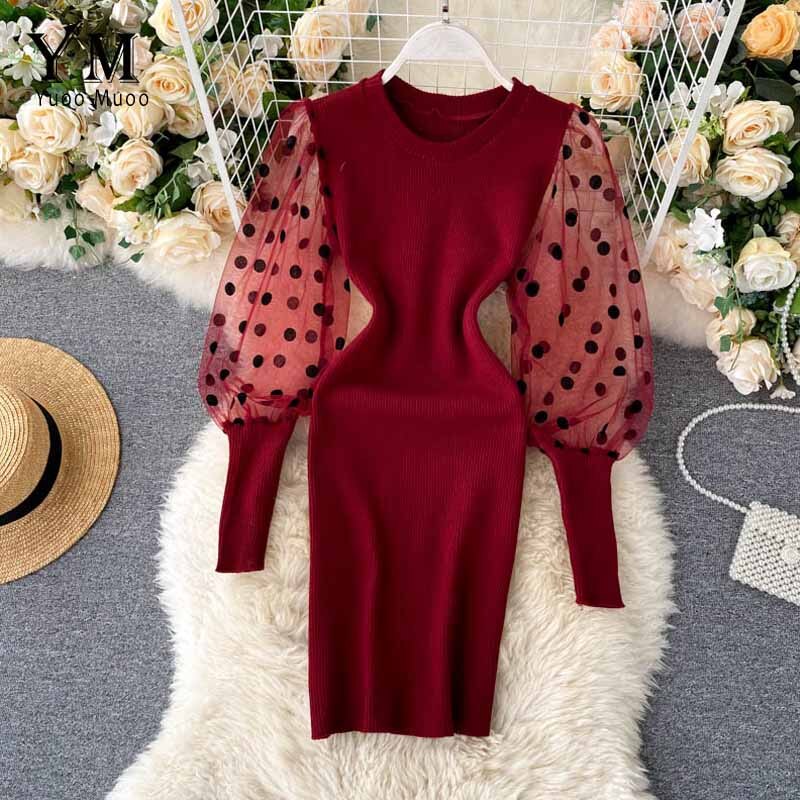Yuoomuoo naiset neulottu punainen juhlamekko syksy talvi mesh piste pitkä puhvihihainen bodycon mekko lyhyet naisten mekot: Viininpunainen
