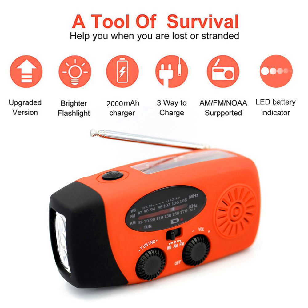 Multifunctional Hand radio Solar Crank Dynamo Powered AM/FM/NOAA Weather Radio Use Emergency LED Flashlight Power Bank solar: A Orange