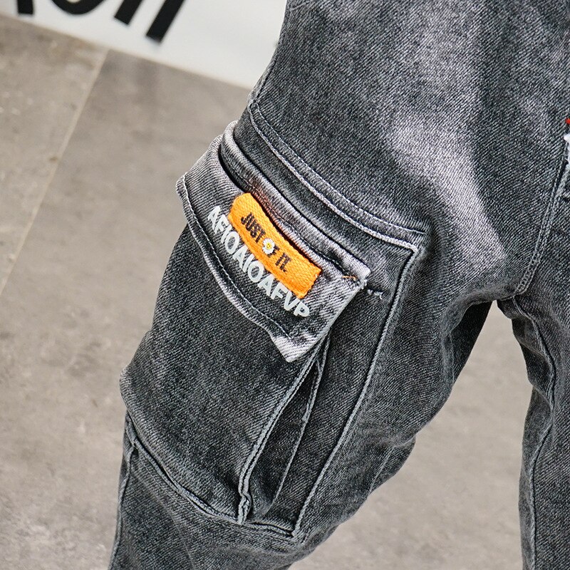 Pojkesjeans för pojke lapptäcke pojkesjeans avslappnade lastbyxor barnjeansbyxor skolavår höstkläder för pojkar arbets jeans
