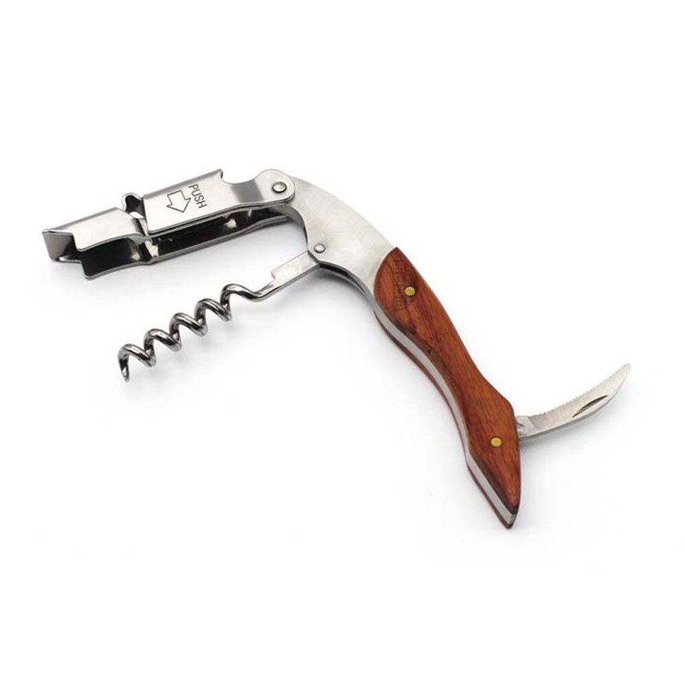 Rosewood Wood Handle Stainless Red Wine Corkscrew Double Hinge Waiters Wine Bottle Beer Cap Opener: Brown
