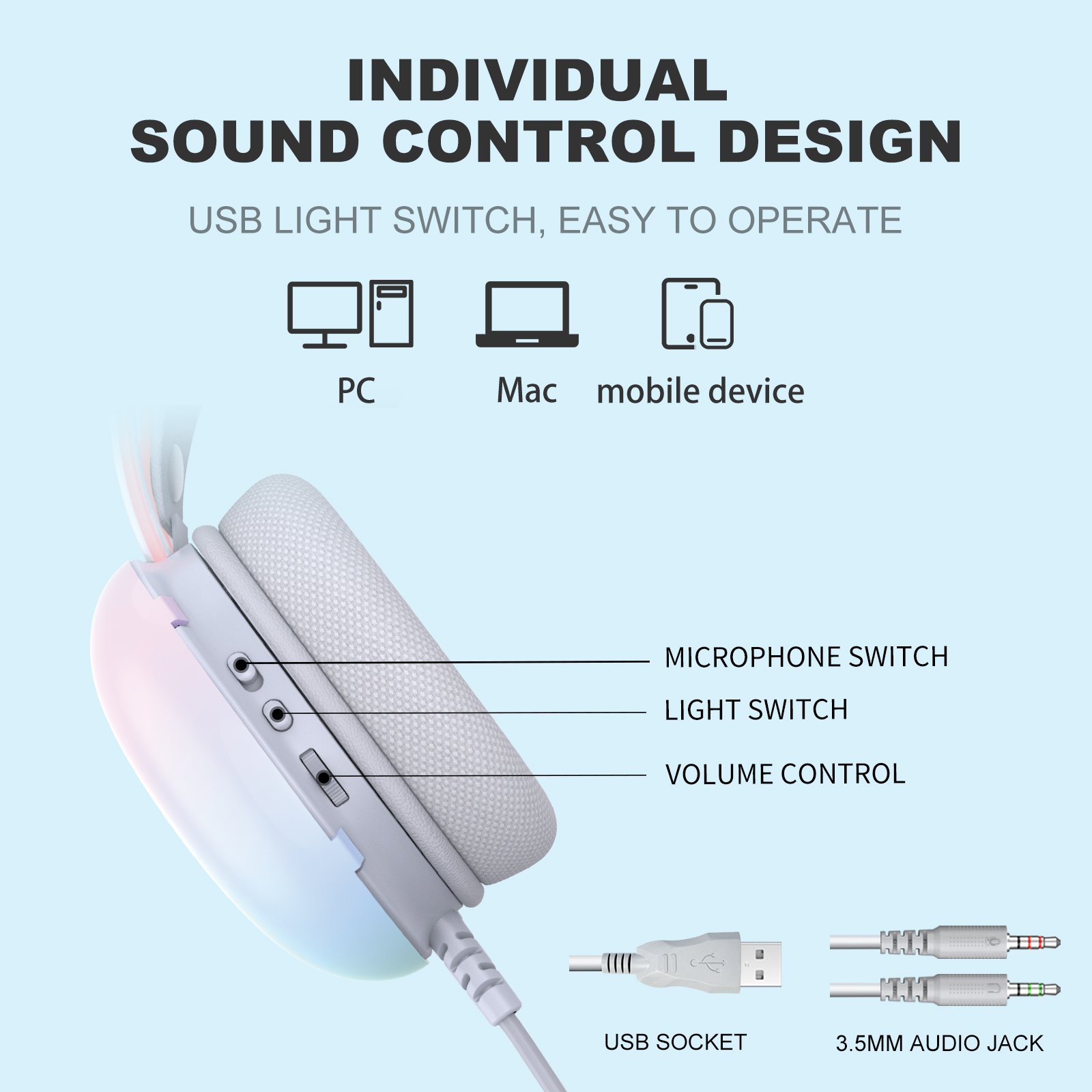 Onikuma gaming headset with fully illuminated dynamic rgb lighting, wired gaming headphones, noise-canceling microphone, portable headphones