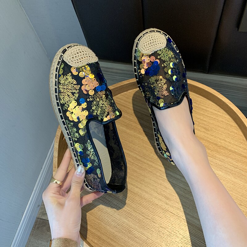 Zomer dames flats bling loafers kant instappers platte schoenen mesh espadrilles glitter dames bootschoen weven zapatos mujer 8043l: Multi / 40